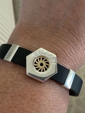 NWOT BVLGARI Inspired Black Silicon Band Unisex Sterling Silver 925 Bracelet